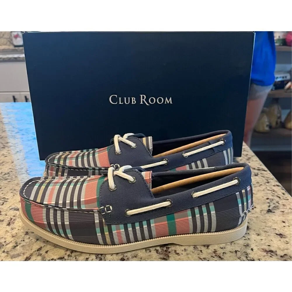 Clubroom Mens Blue Plaid Padded Elliot Round Toe Lace-Up Boat Shoes